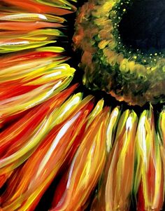 an abstract painting of a sunflower with red, yellow and green petals on it