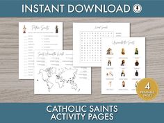 catholic saints activity pages for kids and adults with the text instant printables included