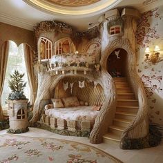 a bedroom with a tree house built into the side of it's wall and stairs