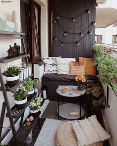 the balcony is decorated with plants and potted plants