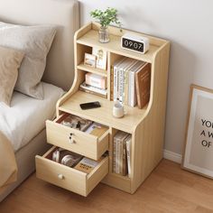 a bed room with a neatly made bed and a book shelf next to a nightstand