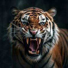 a tiger with its mouth open and it's teeth wide open, showing fangs