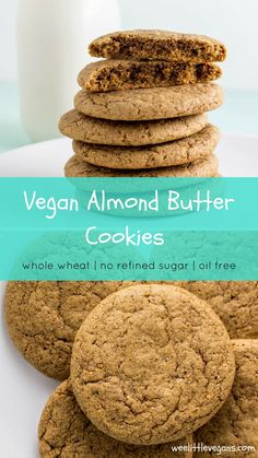 vegan almond butter cookies stacked on top of each other with text overlay that reads, vegan almond butter cookies