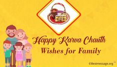 happy karwa chauth wishes for family with colorful background and cartoon character on yellow background