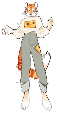 a drawing of a cat wearing overalls and a t - shirt with an orange tiger on it's chest