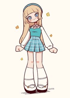 a drawing of a girl with long hair wearing a blue dress and white socks, standing in