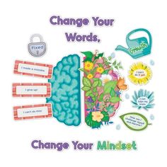 a poster with the words change your words, change your minds and flowers on it