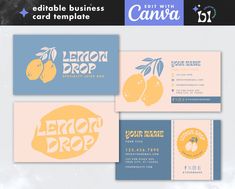 business cards with lemons on them and the words lemon drop written in blue ink