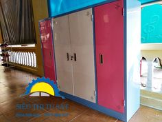 the lockers are painted pink and blue