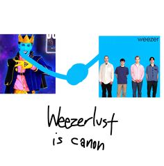 a group of men standing next to each other in front of a clock with the words weezer lust is canon on it