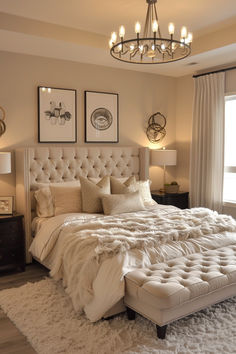 cozy bedroom, cream colors, black framed wall art above the bed, luxurious throw pillows on bed, wood nightstands flank the bed, off white table lamps on the nightstands, circular statement ceiling light above the bed with black accent color, cream colored tufted footrest at the end of the bed, cream colored curtains, soft cream colored rug under the bed Bedroom Decor Furniture, Southern Chic Bedroom, Bed Style Ideas, Luxury Master Bedrooms Decor Classy, Light Brown Bedroom Ideas, Warm Master Bedrooms Decor, Cozy Bedroom Lighting Ideas, Homely Bedroom, Cozy Apartment Bedroom Ideas