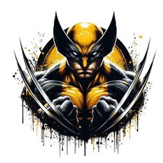 wolverine with yellow paint splatters on his face and claws in the foreground