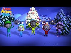 the animated children are standing in front of a christmas tree