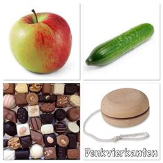 there are four pictures with different food items in the same photo, including an apple and chocolates