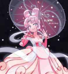 a woman in a pink dress with an umbrella over her head and stars on the background