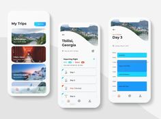 three mobile screens showing different travel destinations and their location information, with the text my trip on them