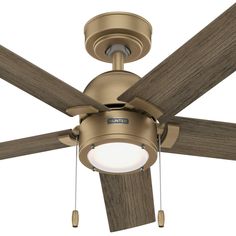 a ceiling fan with two wooden blades and a light on the bottom one is turned on