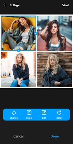 the photo collager app is open and showing different photos, including one woman's face