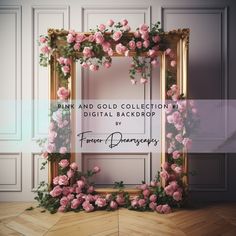 the pink and gold collection is displayed in front of an ornate frame with roses on it