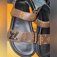 Louis Vuitton, Comfort Sandal, Lv Gold Accessory, Adjustable Velcro Straps, Comfort Trend, Never Worn Louis Vuitton Slides, Monogram Sandals, Louis Vuitton Sandals, Shoes Louis Vuitton, Rope Sandals, Louis Vuitton Red, Womens Mules, Louis Vuitton Shoes, Vintage Louis Vuitton