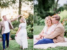 a man and woman are sitting on a blanket in the grass, one is holding his arm around the other's neck