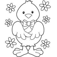 a cartoon chicken with flowers around it's neck and the words happy easter written in black ink