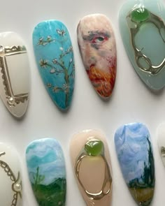 Monet Inspired Nails, Van Gogh Nails, Van Gogh Inspired Makeup, Monet Nailart, Starry Night Nails Van Gogh, Van Gogh Inspired Nail Art, Van Gogh Almond Blossom, Fantasy Nails, Almond Blossom