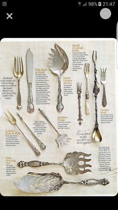 an image of silverware and spoons displayed on a linen napkin with information about them