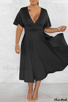 Olivia Mark - Olive Green Contemporary Patchwork V-Neck Short Sleeve Dress with a Relaxed Casual Style Plus Size Gowns With Sleeves, V Neck Cocktail Dress, Plus Size Gowns, Draped Midi Dresses, Dress Sleeve Styles, Flowy Sleeves, Gowns With Sleeves, Pleated Midi Dress, Red Midi Dress