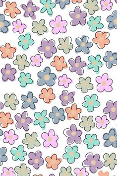 an image of many different colored flowers on a white background with blue, pink and green colors