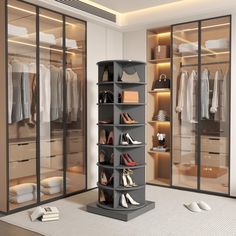 a walk in closet filled with lots of clothes and shoes on shelves next to glass doors