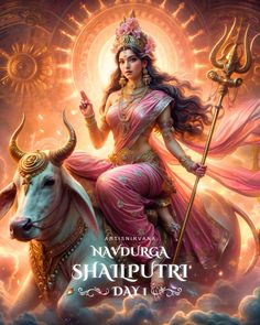 the poster for navrdraa shaipurtri day 1, which features an image of a woman sitting on a bull