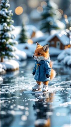 a toy fox is standing in the middle of some ice and snow covered ground with small trees