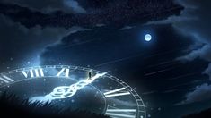 a clock in the night sky with stars and clouds