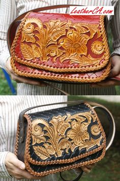 two pictures of the same purse with different colors and designs on it, one is brown and