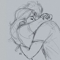 a black and white drawing of a person hugging