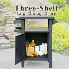 there is a large storage space with vegetables and other things on the shelf next to it