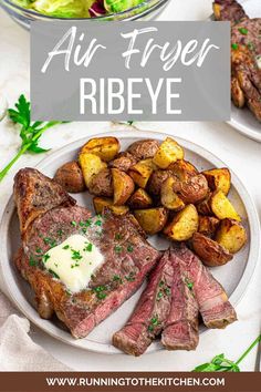 an air fryer ribeye steak with potatoes and lettuce on the side