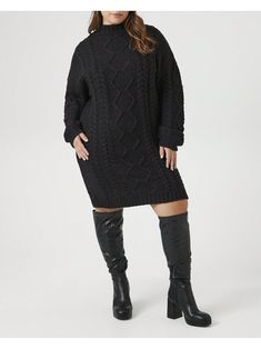 Forever 21+
 - A cable knit sweater dress featuring a mock neck, dropped long peasant sleeves, mini length, ribbed trim, and shift silhouette.Plus Size Cable Knit Sweater Dress Black Casual  Long Sleeve  Plain    Women Plus Clothing, size features are:Bust: ,Length: ,Sleeve Length: Dress Outfits Plus Size, Forever 21 Plus Size, Cable Knit Sweater Dress, Ootd Dress, Winter Dress Outfits, Shein Outfits, Knit Sweater Dress, Cable Knit Sweater, Black Casual