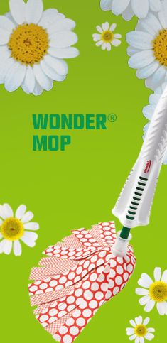 an advertisement for the wonder mop is shown with daisies