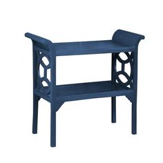 a blue plastic side table with two shelves