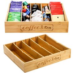 two wooden boxes filled with different types of coffees and condiments in them