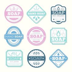 six different soap labels in pastel colors