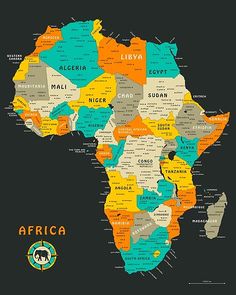 a map of africa with all the countries and their names on it's black background