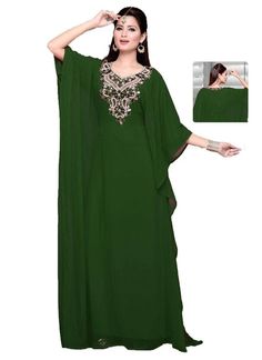 Kaftan for women Red Color Elegant Green Georgette Kaftan, Summer Embellished Georgette Kaftan, Summer Kaftan With Dabka Work, Bohemian Embellished Georgette Dresses, Embroidered Long Sleeve Georgette Kaftan, Green Dabka Kaftan For Party, Floor-length Chiffon Kaftan For Weddings, Elegant Maxi Dress With Dabka, Elegant Dabka Maxi Dress