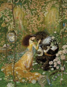 a painting of a man and woman in the woods with flowers, birds and other animals