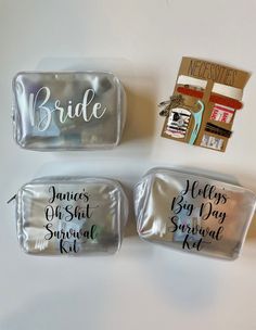 three clear cosmetic bags with bride and groom's names on them, next to some other items