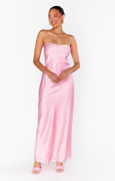 Dani Slip Dress ~ Light Pink Luxe Satin – Show Me Your Mumu Pink Silk Maxi Dress, Light Pink Wedding Guest Dress, Baby Pink Maxi Dress, Pink Satin Maxi Dress, Light Pink Bridesmaid Dress, Pink Silk Dresses, Pink Satin Bridesmaid Dresses, Light Pink Satin Dress, Light Pink Silk Dress