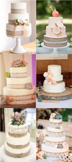 four different pictures of wedding cakes with flowers on each tier and the words love spelled in cursive letters