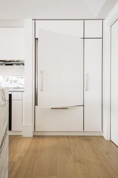 an empty kitchen with white cabinets and wood floors